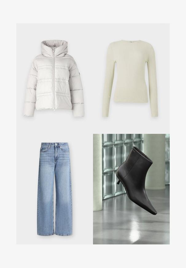 Veste matelassée gris clair avec un col haut, fermeture éclair à l'avant et détails de surpiqûres horizontales ; présente une texture rembourrée et une coupe ample.; Haut ajusté à manches longues en tissu texturé vert clair avec un col rond. Surface lisse avec un léger relief, sans quincaillerie ni accents visibles.; Jean bleu clair à jambes larges avec poches avant, passants de ceinture, fermeture par boutons et détails délavés sur les cuisses.; Bottine en cuir noir avec bout pointu et petit talon, présentée devant un mur en blocs de verre et un sol poli.