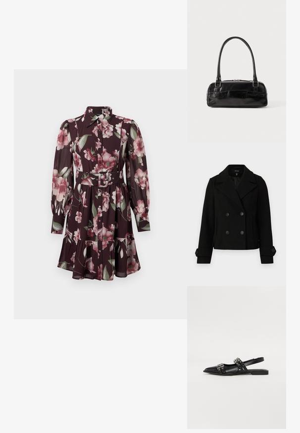 Zwarte damespiekcoat met dubbele knopen, brede revers, met knoopsluiting bij de mouwen en twee voorzakken, tentoongesteld op een effen achtergrond.; Donkerpaarse bloemenjurk met lange doorschijnende pofmouwen, knoopsluiting aan de voorkant, puntige kraag, tailleband en een geplooide rok.; Even&Odd Slingback ballerina´s - black; Zwarte leren handtas met een rechthoekige vorm, voorzien van een enkele gestructureerde handgreep, zilveren hardware en ritsluiting. Gladde textuur.
