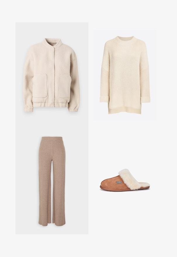 Beige fleecejakke med høj krave, to forlommer og elastiske manchetter. Blød tekstur med en boxy silhuet og minimal detaljering.; Ivan cremefarvet strikket sweater med ribstrikket rund halsudskæring, faldede skuldre, lange ærmer og opsmøgede ærmekanter. Blødt, struktureret strikkestof.; Beige ribbede vide bukser med høj talje og blød tekstur, der har en løs pasform og ingen synlige lukninger.; Brune suedestøvle med en crèmefarvet shearlingrem og -foring, rund tå, flad sål og et logo på siden.