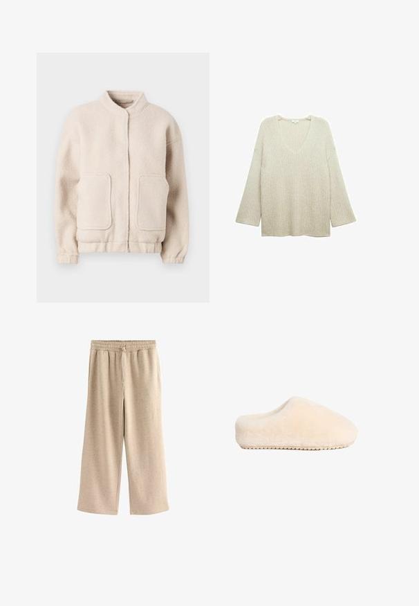 Beige fleecejakke med høj krave, to forlommer og elastiske manchetter. Blød tekstur med en boxy silhuet og minimal detaljering.; Cremefarvet v-hals sweater med ribbet tekstur, løs pasform og klokkeformede ærmer, der har diskrete metaltråd accenter.; Beige vide benbukser lavet af blødt stof, med en elastisk talje og snor, og en diskret prikket tekstur hele vejen igennem.; Beige, bløde, fuzzy tøfler med en solid flad sål og rund tå, der har et sømløst design og en blød tekstur.