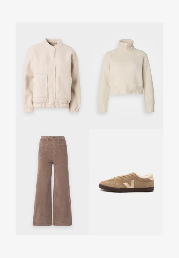 Beige fleecejakke med høj krave, to forlommer og elastiske manchetter. Blød tekstur med en boxy silhuet og minimal detaljering.; Cremefarvet strikket sweater med høj ribbet turtleneck, cropped længde samt ribbede manchetter og kant. Glat tekstur med et ensfarvet mønster.; Brune kordfløjs bredbenede bukser med høj talje, der har en knaplukning, to baglommer og lodrette ribbede strukturer.; Beige ruskind sneaker med snørelukning, mørkebrun sål og lys pelsforing synlig ved kraven, vist fra siden.
