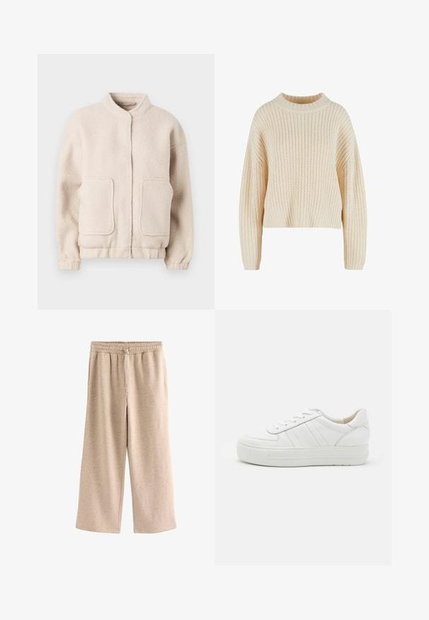 Beige fleecejakke med høj krave, to forlommer og elastiske manchetter. Blød tekstur med en boxy silhuet og minimal detaljering.; Cremefarvet strikket sweater med høj ribbet krave, brede ærmer og et struktureret mønster hele vejen igennem. Kropet design med ribbet kant.; Beige bukser med vide ben, elastisk talje og snørre, lavet af et blødt, plettet stof.; Hvide lædersneakers med tekstureret overdel, polstret krave og flad gummisål. Har diskret syninger og klassisk snørebåndsdesign.