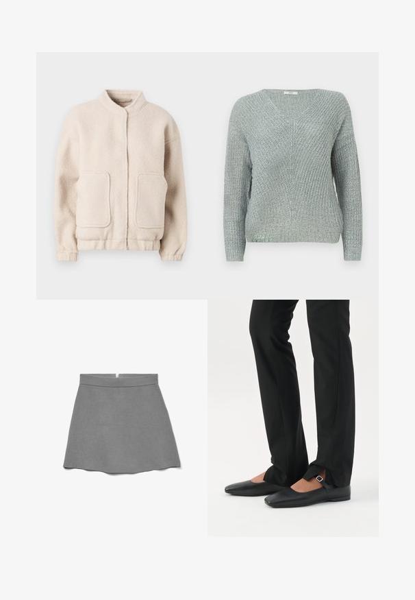 Beige fleecejakke med høj krave, to forlommer og elastiske manchetter. Blød tekstur med en boxy silhuet og minimal detaljering.; Lyseblå strikket sweater med V-hals, lange ærmer og et struktureret mønster. Har ribbede manchetter og kant.; Grå nederdel lavet af blødt stof, med høj talje, vidde i skørtet og en skjult lynlås bagpå.; Ben iført sorte smalle bukser med forreste slidser ved kanten, parret med sorte flade Mary Jane-sko med lille spænde.