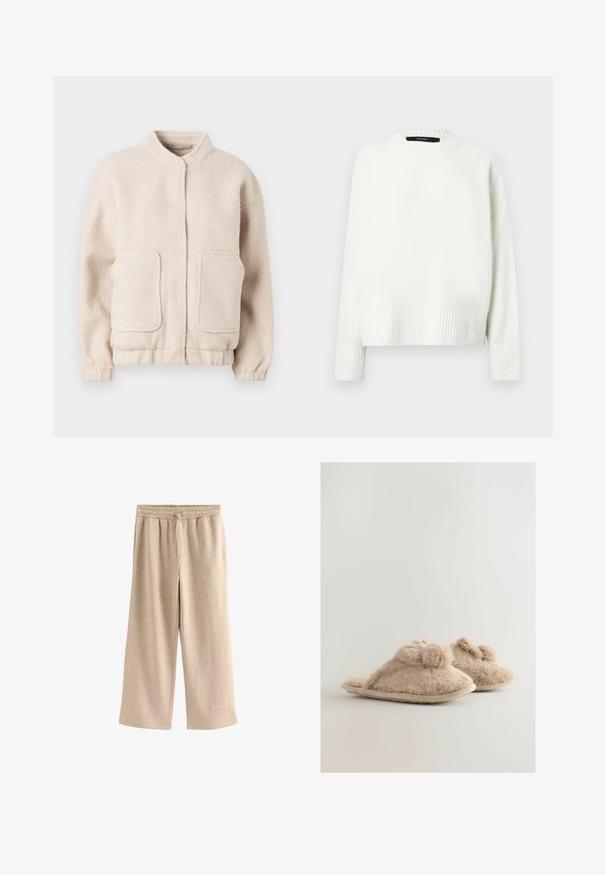 Beige fleecejakke med høj krave, to forlommer og elastiske manchetter. Blød tekstur med en boxy silhuet og minimal detaljering.; Hvid, strikket sweater med rund halsudskæring, ribkant ved ærmer og bund. Blød tekstur og afslappet pasform med sænkede skuldre.; Cremefarvede breddebenede bukser lavet af blødt bomuldsblandingsstof. Har en elastisk talje med snor og en subtil plettet tekstur.; Beige pels-slippers med en blød tekstur, åben tå-design, pom pom-detaljer på forsiden og en neutral farvet sål.