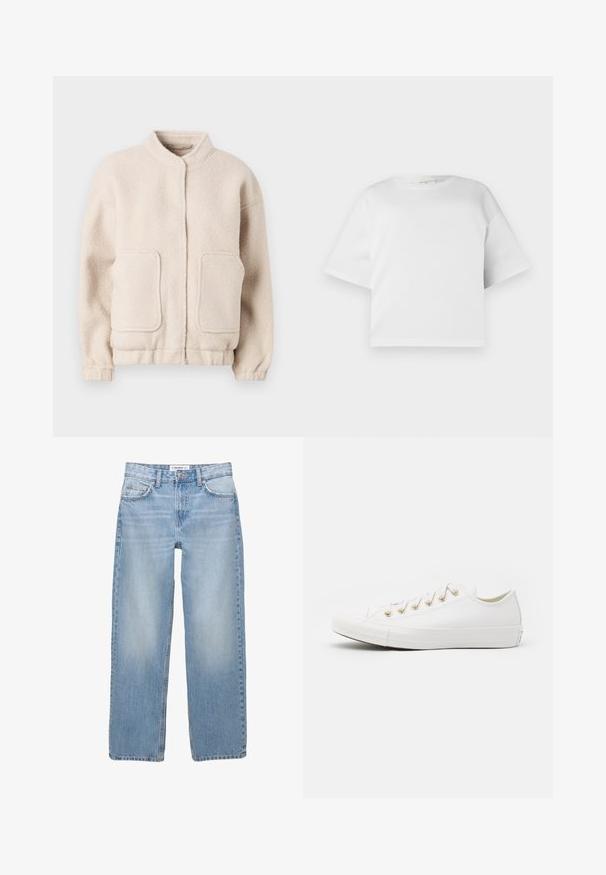 Beige fleecejakke med høj krave, to forlommer og elastiske manchetter. Blød tekstur med en boxy silhuet og minimal detaljering.; Hvid cropped t-shirt lavet af glat bomuld, med rund hals og korte, brede ærmer. Enkel, ren design uden synlige mønstre.; Lyseblå denimbukser med lige ben, fem-pockets stil og synlige syninger. Stofmaterialet har en blød, let falmet tekstur.; Converse CHUCK TAYLOR ALL STAR - Sneakers - vintage white/light gold
