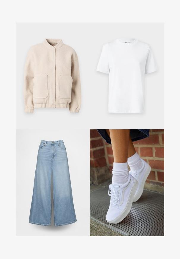Beige fleece jack met een hoge kraag, twee voorzakken en elastische manchetten. Zachte textuur met een boxy silhouette en minimale details.; Witte katoenen T-shirt met ronde hals, korte mouwen en een gladde textuur. Ontworpen met een comfortabele en veelzijdige relaxte pasvorm.; Lichtblauwe wijde jeans van denim, met een hoge taille, voorzakken en een knoopsluiting. De stof heeft een verweerde wassing.; Witte canvas sneakers met rubberen zolen, voorzien van zes vetertjes, een ronde neus en lichte stikdetails, gecombineerd met witte enkelsokken.
