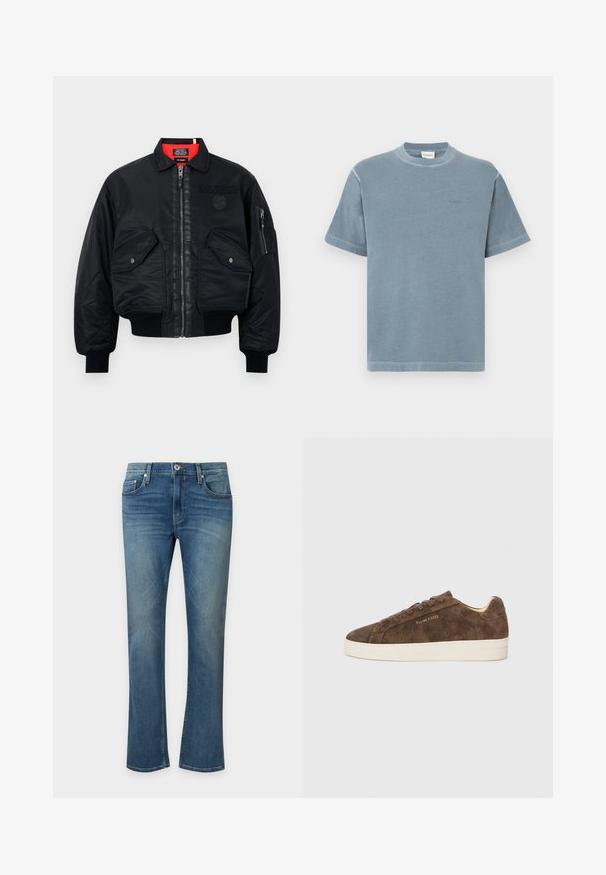 Veste bomber noire avec fermeture éclair, dotée d'une doublure intérieure rouge, de deux poches avant et d'une poche latérale. Tissu texturé avec une finition mate.; T-shirt en coton bleu à manches courtes, col rond et broderie de logo subtile. Texture douce avec une coupe décontractée et un ourlet droit.; Jean en denim bleu avec une légère patte d'éléphant, fermeture avant par bouton et fermeture éclair, et poches avant et arrière.; Baskets en daim marron avec une silhouette basse, un bout arrondi et une semelle en caoutchouc blanc. Elles présentent des lacets foncés et un logo discret sur le côté.
