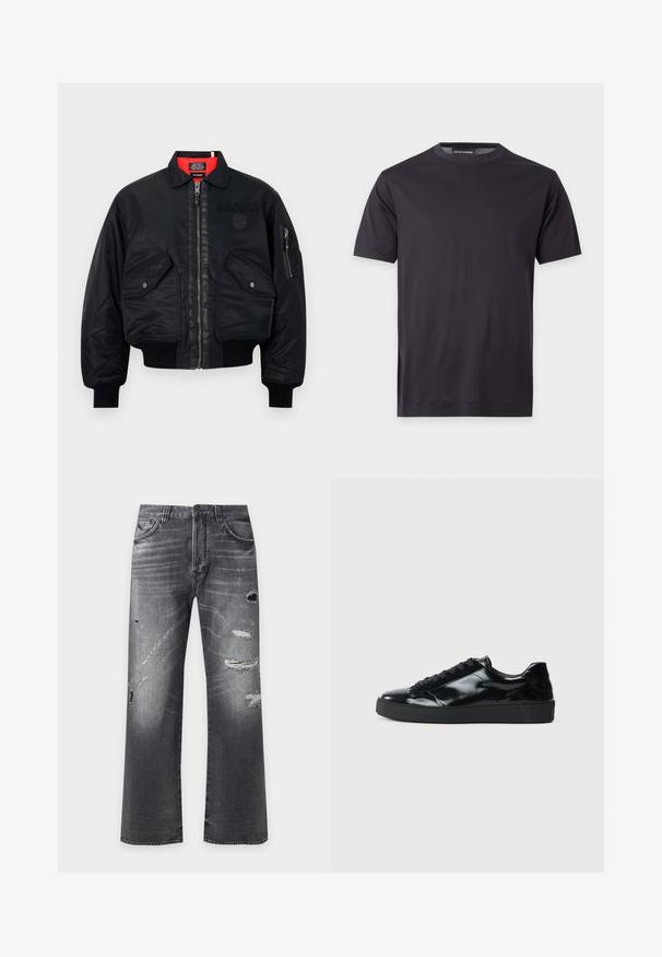 Veste bomber noire avec fermeture éclair, dotée d'une doublure intérieure rouge, de deux poches avant et d'une poche latérale. Tissu texturé avec une finition mate.; T-shirt noir uni à manches courtes avec col rond, avec un petit logo ton sur ton sur la poitrine gauche et une étiquette de marque au niveau du col.; Jean noir délavé à jambes droites avec des trous usés et des patches effilochés sur l'avant des cuisses et des genoux.; Baskets en cuir verni noir avec un bout arrondi, un laçage, une semelle en caoutchouc texturé et une finition lisse.
