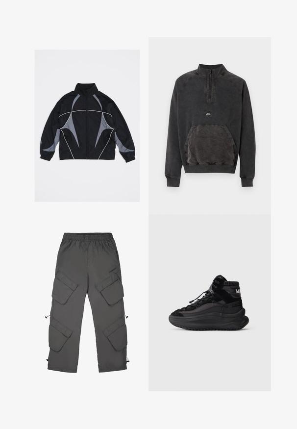 Μαύρο μπουφάν τύπου windbreaker με φερμουάρ, γκρι αφηρημένα πάνελ και λευκές λεπτομέρειες με ραφή, ελαστικές μανσέτες και γιακά που στέκεται.; Μαύρο φούτερ με μισό φερμουάρ, τσέπη καγκουρό, ριμπ περιλαίμια και μανσέτες, και μικρό λογότυπο "A C W" στο στήθος.; Cargo παντελόνια από σκούρο γκρι ύφασμα με ελαστική μέση, πολλές τσέπες cargo, κορδόνια στο κάτω μέρος και λεία υφή.; Μαύρο ψηλό αθλητικό παπούτσι με παχιά σόλα, κορδόνια μπροστά, επενδεδυμένο κολάρο αστραγάλου και υφασμάτινες πλευρικές πάνελ σε απλό ανοιχτό φόντο.