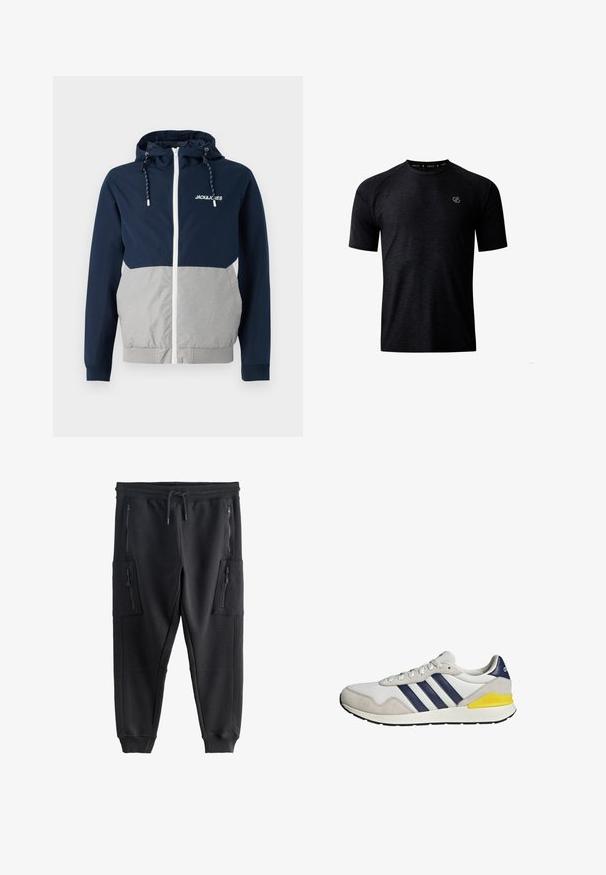 Chubasquero en navy y gris con cremallera frontal, capucha ajustable y logo "JACK&JONES"; presenta una textura suave y bloques de color contrastantes.; Camiseta deportiva negra de manga corta con cuello redondo y sutil patrón texturizado, con un pequeño logo en el pecho izquierdo.; Pantalones jogger negros con cintura elástica, cordón, puños acanalados y cuatro bolsillos con cremallera en la parte delantera y los laterales.; Zapatilla Adidas blanca y gris con rayas azul marino y un detalle amarillo en el talón, vista de lado sobre un fondo blanco.