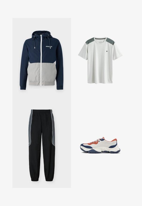 Chubasquero en navy y gris con cremallera frontal, capucha ajustable y logo "JACK&JONES"; presenta una textura suave y bloques de color contrastantes.; Camiseta deportiva blanca de manga corta con paneles de malla grises en los hombros y un pequeño logo negro en el pecho izquierdo.; Pantalones de chándal negros con paneles laterales gris oscuro y ribete blanco, cintura y puños elásticos, exhibidos sobre un fondo blanco.; Zapatillas con una parte superior de cuero blanco, acentos en naranja y azul marino, cordones multicolores y una suela de goma gruesa en azul marino con surcos texturizados.
