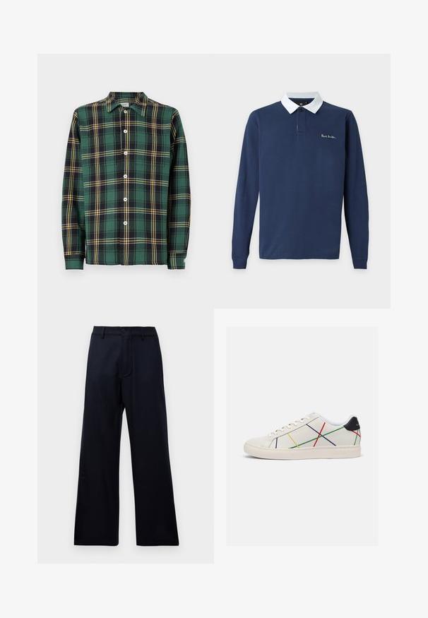 Camisa de franela verde con patrón de cuadros en negro y amarillo, de manga larga, con cuello y cierre frontal de botones. Presenta botones blancos y una etiqueta.; Polo azul marino de manga larga con cuello blanco y pequeño logo "Paul Smith" bordado en el pecho izquierdo.; Pantalones anchos de cintura alta negros con pasadores de cinturón, botón frontal y cierre de cremallera sobre un fondo blanco liso.; Zapatillas de cuero blancas con líneas diagonales multicolores en rojo, amarillo, verde y azul. Acento negro en el talón. Suela de goma.