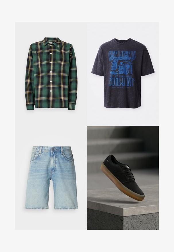 Camisa de franela verde con patrón de cuadros en negro y amarillo, de manga larga, con cuello y cierre frontal de botones. Presenta botones blancos y una etiqueta.; Camiseta negra oversize con un estampado gráfico azul que incluye texto e imágenes, fabricada en algodón con textura lavada y cuello redondo.; Pantalones cortos de mezclilla azul claro con un corte regular, que incluyen cinco bolsillos, cierre de botón y detalles de dobladillo deshilachado. Textura suave.; Zapato casual negro con cordones y suela marrón flotando sobre un borde de concreto con escaleras desenfocadas al fondo.