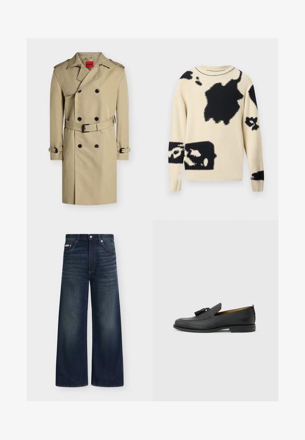 Μπεζ διπλόμπερτο παλτό trench coat με μαύρα κουμπιά, επωμίδες στους ώμους, ζώνη στη μέση και μανσέτες, εμφανίζεται σε λευκό φόντο.; Πουλόβερ με μακριά μανίκια σε εκρού χρώμα, πλεκτό, με ακανόνιστα μεγάλα μαύρα αφηρημένα σχέδια διασκορπισμένα στο μπροστινό μέρος και τα μανίκια.; Σκούρο μπλε τζιν παντελόνι με φαρδιά μπατζάκια, μπροστινές τσέπες, θηλιές για ζώνη, κούμπωμα με κουμπί και διακριτική ξεθώριαση στους μηρούς και στα γόνατα.; Μαύρο δερμάτινο ανδρικό μοκασίνι με φούντες, στρογγυλεμένη μύτη, χαμηλό τακούνι και ταινία έλξης στο πίσω μέρος, απεικονίζεται σε πλαϊνή όψη πάνω σε ανοιχτό γκρι φόντο.