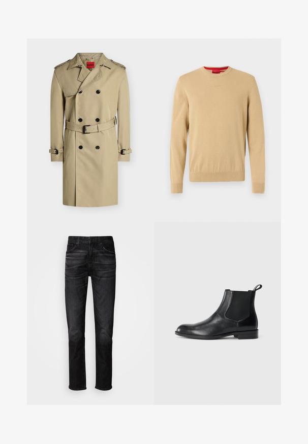Trench-coat beige croisé avec boutons noirs, épaulettes, ceinture à la taille et aux poignets, présenté sur fond blanc.; Pull beige pour homme à col rond, manches longues, bords-côtes aux poignets et à l'ourlet, avec un logo discret brodé sur la poitrine.; Jean en denim noir à coupe droite, conception cinq poches, légère décoloration, et fermeture par bouton. Style classique adapté pour une tenue décontractée.; Bottine en cuir noir avec des panneaux latéraux élastiques, bout rond et tirette. Texture lisse, semelle plate, design minimaliste.