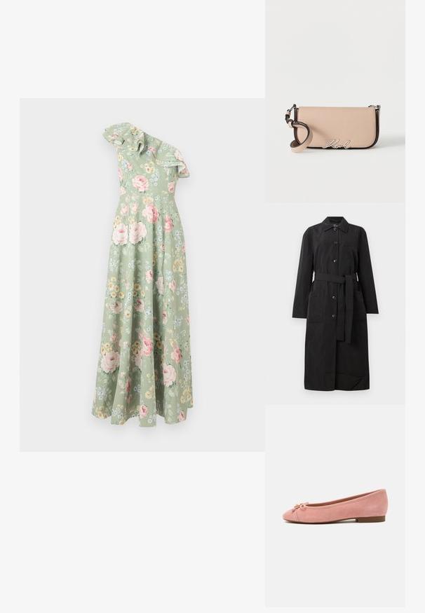 Manteau trench noir long ceinturé avec fermeture à boutons, deux grandes poches avant et une poche poitrine.; Robe maxi florale en tissu vert clair, avec un design asymétrique à une épaule, un col volanté et des motifs de fleurs multicolores.; Ballerine plate en daim rose doux avec petit nœud et accent doré sur l'avant arrondi, talon bas et semelle lisse.; Sac à épaule rectangulaire beige avec garniture noire, logo argenté « Karl » à l’avant et bandoulière réglable enroulée à côté sur fond blanc.