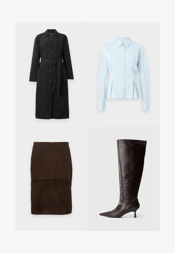 Manteau trench noir long ceinturé avec fermeture à boutons, deux grandes poches avant et une poche poitrine.; Chemise bleu clair avec col, manches longues, fermeture boutonnée à l'avant et détails plissés à la taille, en tissu lisse.; Jupe crayon en daim marron foncé avec des détails de coutures visibles, longueur genoux, présentée sur un fond clair.; Botte en cuir marron, hauteur genou, avec un bout pointu et un talon fin. Texture lisse et design élégant, arborant une silhouette minimaliste.