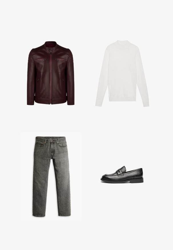 Veste en cuir bordeaux avec un col montant, détails matelassés aux épaules et deux poches poitrine zippées. Texture lisse et design ajusté.; Pull-over blanc avec un col montant, des manches longues et des poignets et un ourlet côtelés. Fabriqué en tissu tricoté doux. Design simple et ajusté.; Jean en denim gris avec une coupe droite, style classique à cinq poches et des détails de couture subtils sur les coutures et les poches.; Des mocassins en cuir noir présentent un bout arrondi, une couture sur le dessus et une semelle en caoutchouc plate et basse. Texture lisse sans motifs visibles.