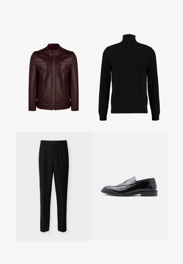 Veste en cuir bordeaux avec un col montant, détails matelassés aux épaules et deux poches poitrine zippées. Texture lisse et design ajusté.; Un pull à col roulé noir en matière tricotée douce. Il possède des manches longues, un col et un ourlet côtelés. Son design est simple et épuré, sans motifs.; Pantalon noir taille haute, ajusté, avec passants de ceinture, plis à l'avant, poches latérales et fermeture boutonnée avec zip.; Mocassins en cuir verni noir avec une finition lisse, bout arrondi et détail de bride décorative, avec un profil bas et une semelle en caoutchouc.