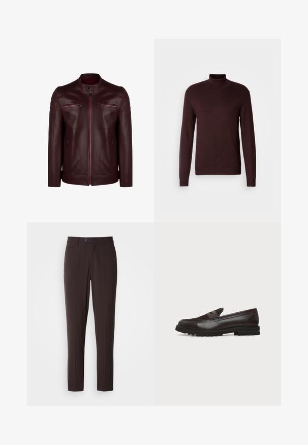Veste en cuir bordeaux avec un col montant, détails matelassés aux épaules et deux poches poitrine zippées. Texture lisse et design ajusté.; Pull à col roulé bordeaux en tissu tricoté doux, avec des manches longues, un corps ajusté et des poignets et un ourlet côtelés. Texture lisse, design minimal.; Pantalon marron foncé ajusté en tissu lisse, avec devant plat, poches latérales et fermeture par bouton. Coupe droite, sans motif apparent.; Mocassin penny en cuir et daim marron foncé avec semelle épaisse en caoutchouc noir, profil latéral sur fond blanc.