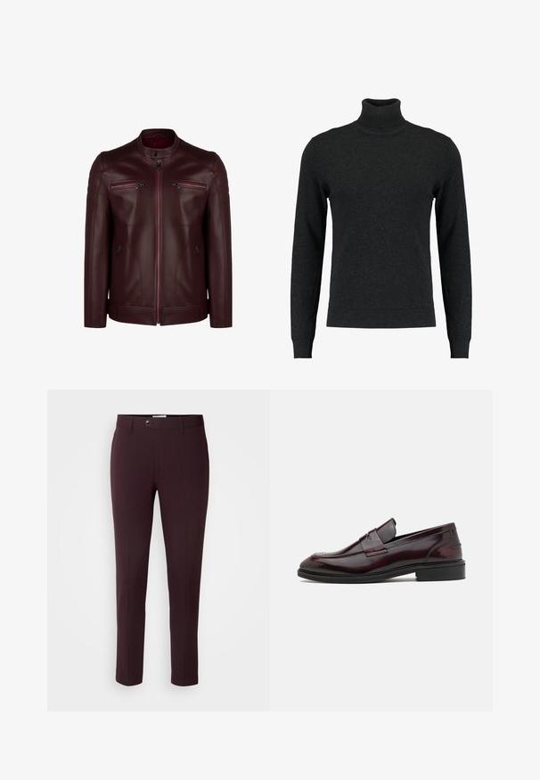 Veste en cuir bordeaux avec un col montant, détails matelassés aux épaules et deux poches poitrine zippées. Texture lisse et design ajusté.; Pull à col roulé noir en laine. Il possède des manches longues, des poignets et un ourlet côtelés, une texture lisse et un design ajusté.; Pantalons bourgogne foncé à coupe slim, avec une fermeture à bouton, des passants de ceinture et des plis à l'avant. Tissu lisse avec un design élégant.; Mocassins en cuir bordeaux avec une finition lisse, un accent rectangulaire à l'avant et une pointe arrondie, dotés d'une semelle en caoutchouc noir.