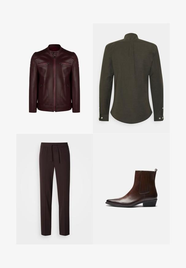 Veste en cuir bordeaux avec un col montant, détails matelassés aux épaules et deux poches poitrine zippées. Texture lisse et design ajusté.; Chemise à manches longues vert olive foncé avec un col mandarin, un ourlet arrondi et des poignets boutonnés. Texture lisse, sans motifs ni graphiques.; Pantalon brun, léger, fuselé, avec une taille élastique et un cordon de serrage. Texture lisse et design minimaliste, adapté à une tenue décontractée.; Bottine en cuir marron avec un bout pointu, des panneaux latéraux élastiques, des détails texturés sur le devant et un petit talon empilé.