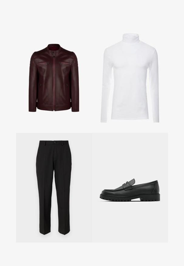 Veste en cuir bordeaux avec un col montant, détails matelassés aux épaules et deux poches poitrine zippées. Texture lisse et design ajusté.; Chemise à col roulé à manches longues blanche en tissu doux et extensible. Présente un col haut et une coupe ajustée, offrant une silhouette épurée.; Pantalon noir en tissu lisse, présentant une coupe droite, des poches avant, un bouton simple de fermeture et sans motifs visibles.; Mocassins en cuir noir à bout arrondi, avec un design cousu, une semelle plateforme basse et une semelle en caoutchouc texturée et crantée.