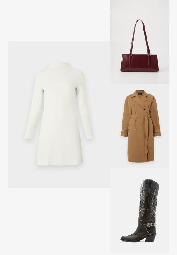 Manteau trench brun en tissu, avec un design à double boutonnage, un col cranté, des poches latérales et une ceinture nouée à la taille.; Robe blanche côtelée à col montant et manches longues, avec une silhouette ajustée qui s'évase légèrement à l'ourlet. Texture douce.; Botte de cowboy en cuir noir avec découpes décoratives, boucle argentée et talon incliné, présentée sur fond blanc.; Sac à main bordeaux en matériau brillant, de forme rectangulaire, avec deux anses et des accents légèrement courbés à l'avant.