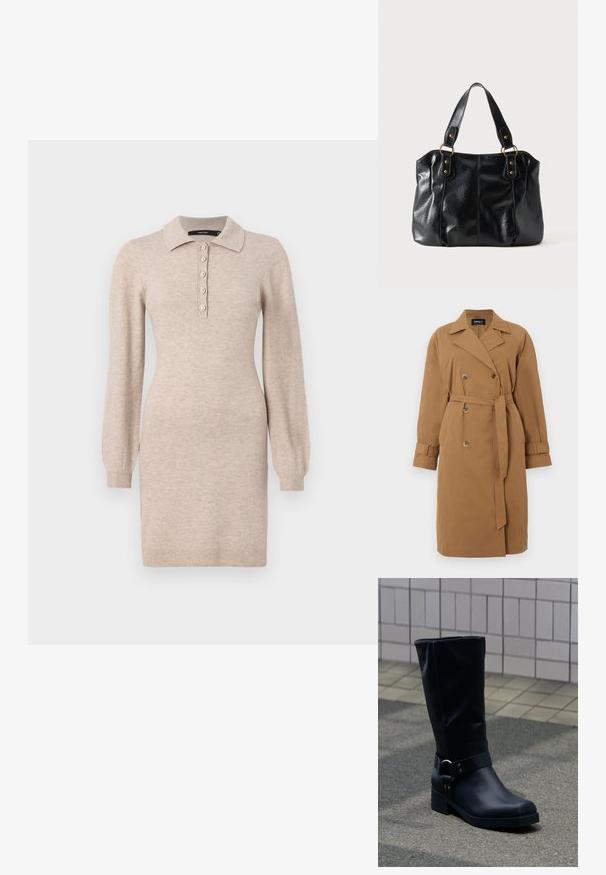Manteau trench brun en tissu, avec un design à double boutonnage, un col cranté, des poches latérales et une ceinture nouée à la taille.; Robe en tricot beige avec un col, un plastron à cinq boutons et des manches longues avec des poignets côtelés. Texture lisse, silhouette ajustée.; Botte en cuir noire mi-mollet avec un petit talon bloc et une bride décorative avec boucle métallique autour de la cheville, sur un trottoir carrelé.; Sac à épaule en cuir noir avec double anses attachées par des anneaux et rivets dorés, surface lisse et légèrement brillante, design simple.