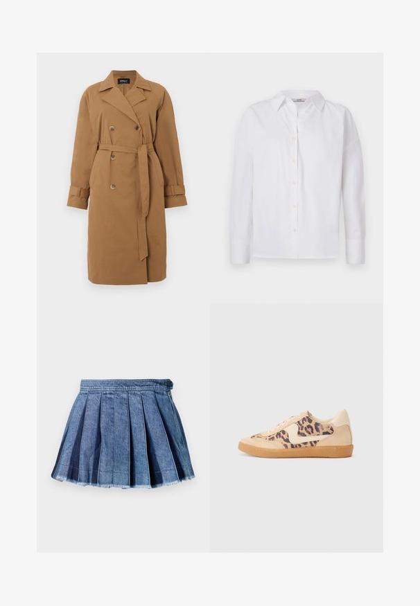 Brun trenchcoat lavet af stof, med en dobbeltradet design, skrå krave, sidelommer og et bælte der er bundet i taljen.; Hvid skjorte med knapper, lavet af bomuld, med lange ærmer, klassisk krave og subtile syningsdetaljer.; Blå denim plisseret mini nederdel med knap og lynlås i siden, med en frynset kant detalje.; Leopardprint sneakers med beige ruskindsoverdel, tan gummisål og hvide detaljer. Rund pegefinger og snørebåndsdesign med en tekstureret finish.