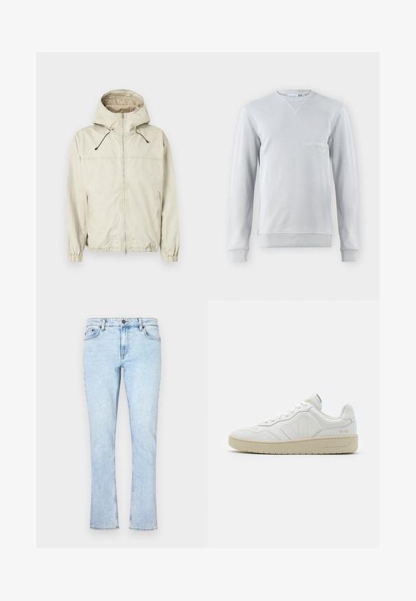 Helebeeži jakk kapuutsi, esise lukuga, elastsete mansettidega ja kahe küljetaskuga. Omab reguleeritavaid nööre ja sileda tekstuuri.; Heled hall sweatshirt, puuvilla segu, ümar kaelus, ribatud detailid kraes ja varrukaotsades, esiküljel on broderitud tekst "SAN BERNARD CALIF.".; Heledad sinine teksapüksid sirge säärega, varustatud nööbi kinnitusega, viie tasku ja peene hägustusega tekstuuri jaoks.; Valged nahast spordijalatsid tekstuurse viimistlusega ja pehmendatud kaelusega. Omab beeži kummist tallat ja diskreetset brändingut kandade ja külgede peal.