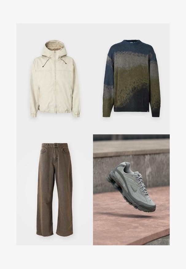 Lys beige jakke med hætte, frontlynlås, elastiske manchetter og to sidelommer. Har justerbare snore og en glat tekstur.; Strikket sweater med rund hals, der har grønne, grå og blå gradientmønstre, blød tekstur, løs pasform samt ribkant ved ærmer og kant.; Bredde ben, brune denimbukser med knaplukning, bæltestropper og forlommer. Stoffet har en let falmet tekstur.; Grå og hvid Nike-sneaker ophængt over et stentrin med synlig luftpolstring og tekstureret sål.