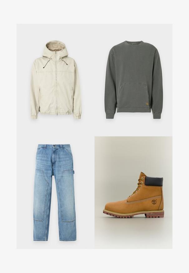 Lys beige jakke med hætte, frontlynlås, elastiske manchetter og to sidelommer. Har justerbare snore og en glat tekstur.; Grå, langærmet sweatshirt lavet af bomuld, med rund hals, frontlomme, ribbede manchetter og et lille logoemblem ved kanten.; Lyseblå denim-snedkerbukser med store frontlommer og en hammerstrop på højre side, lige ben.; Brun læderankelstøvle med sort krave, gule snørebånd og tanfarvet sål. Har logo og hvide syninger som detalje. Robust ydersål med greb.