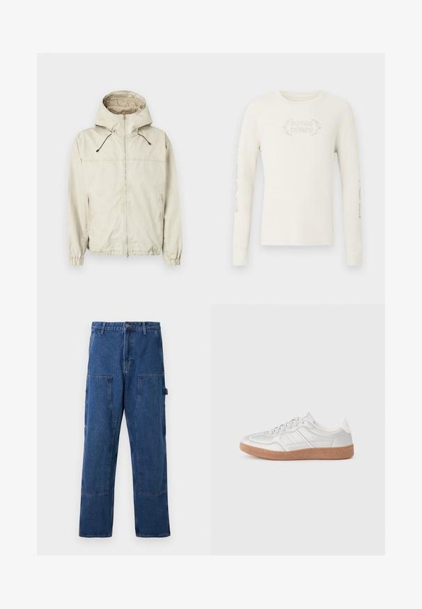 Lys beige jakke med hætte, frontlynlås, elastiske manchetter og to sidelommer. Har justerbare snore og en glat tekstur.; Langærmet cremefarvet ribstrikket T-shirt med "DODGE DEMON" broderet på forsiden og grafik trykt på højre ærme. Blød tekstur.; Blå denim cargo bukser med lige ben, to store sidelommer og en knaplukning i taljen. Robust tekstur og struktureret design.; Sølv sneakers med en glat overflade, snørebånd, perforerede detaljer og en struktureret brun gummi sål.