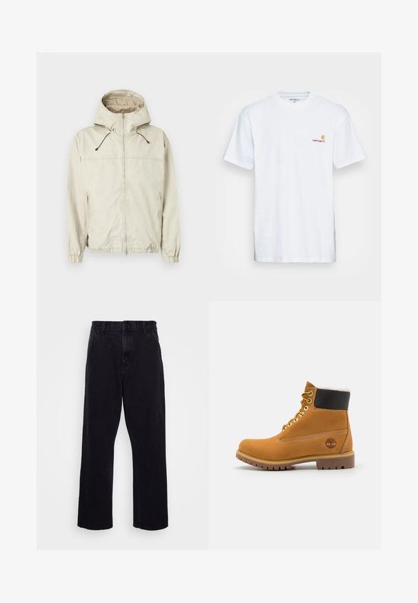 Lichtbeige jack met capuchon, voorriem, elastische manchetten en twee zijzakken. Voorzien van verstelbare trekkoorden en een gladde textuur.; Witte katoenen t-shirt met korte mouwen. Ontworpen met een klein oranje en kastanjebruin logo op de linkerkant van de borst. Heeft een klassieke ronde hals.; Zwarte denim broek met een rechte pijpdesign, voorzien van een knoop- en ritssluiting, riemlussen en minimale stikdetails.; Bruine leren enkellaars met metalen oogjes, witte faux bont voering, zwarte gewatteerde kraag, robuuste zool en een reliëflogo aan de zijkant.