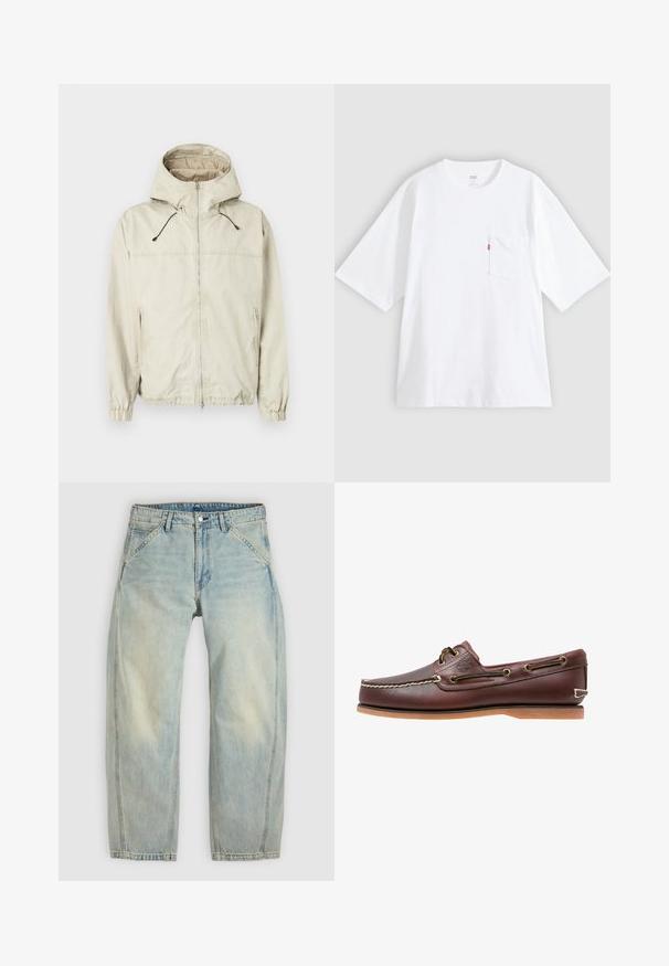 Helle beige Jacke mit Kapuze, Frontreißverschluss, elastischen Bündchen und zwei seitlichen Taschen. Verfügt über verstellbare Kordeln und eine glatte Textur.; Weißes Baumwoll-T-Shirt mit kurzen Ärmeln, rundem Ausschnitt und Brusttasche auf der linken Seite. Mit kleinem rotem Logotag an der Tasche.; Hellblaue Jeans mit weitem Bein aus Denim. Sie verfügen über fünf Taschen, einen Knopfverschluss und ausgewaschene Bereiche für einen getragenen Look.; Brauner Leder-Bootsschuh mit weißen Nähten, Schnürdetails und hellbrauner Gummisohle, seitlich auf weißem Hintergrund gezeigt.