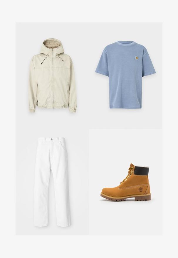 Helle beige Jacke mit Kapuze, Frontreißverschluss, elastischen Bündchen und zwei seitlichen Taschen. Verfügt über verstellbare Kordeln und eine glatte Textur.; Hellblaues T-Shirt mit kurzen Ärmeln, strukturiertem Rippenmuster und aufgesticktem Logopatch auf der linken Brust. Rundhalsausschnitt.; Weiße Denim-Hosen mit geradem Bein, ausgestattet mit einem Frontknopf und einem Reißverschluss, fünf Taschen und einem sauberen, strukturierten Finish.; Braune Leder-Ankle-Boots mit Metallösen, weißem Kunstfellfutter, schwarzem gepolstertem Kragen, robustem Sohlenprofil und geprägtem Logo an der Seite.