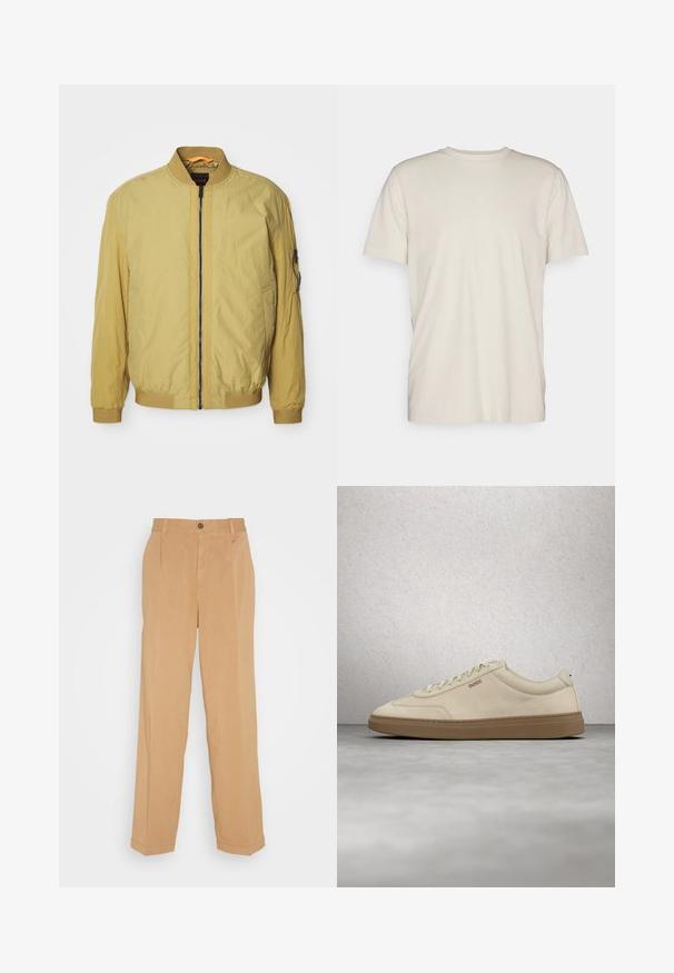 Veste aviateur jaune avec fermeture éclair, col et poignets côtelés, poches latérales et une poche supplémentaire sur la manche. Texture lisse.; T-shirt à manches courtes couleur crème en coton, avec un col rond et un accent logo discret sur la poitrine. Texture lisse.; Pantalons larges beiges en tissu doux, dotés de deux poches avant, d'une fermeture à bouton et de plis le long des jambes.; Baskets en daim beige clair avec une semelle en caoutchouc gomme, des lacets prononcés et des détails de couture subtils. Design épuré avec une esthétique minimaliste.