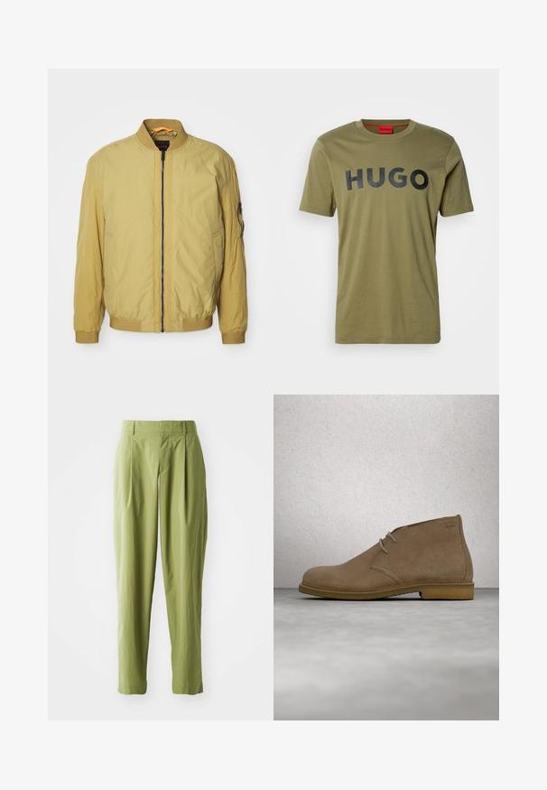 Geel bomberjack met een ritsluiting, ribbelkraag en -manchetten, zijzakken en een extra zak op de mouw. Soepele textuur.; Olijfgroene katoenen t-shirt met een ronde hals en een vet zwart "HUGO" logo over de borst, korte mouwen en een gladde textuur.; Lichtgroene broek van een gestructureerde stof, met een rechte pasvorm, plooien aan de voorkant en een standaard tailleband.; Tan suède desertboot met een zool van crepe en veters met twee oogjes, zwevend boven een gepolijste vloer bij een muur van glasblokken.