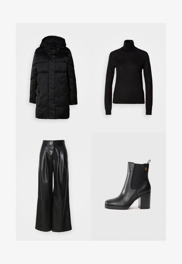 Schwarze, puffige Jacke mit Kapuze, mit einem Reißverschluss vorne, zwei seitlichen Taschen und einem gesteppten Design. Glatte Textur und mittellange Silhouette.; Schwarzer Rollkragenpullover aus leichtem Strickmaterial. Mit langen Ärmeln und einer figurbetonten Silhouette mit Raglanärmeln.; Schwarze Kunstleder-Hosen mit weit geschnittenem Bein, hoher Taille, plissierter Vorderseite und glatter Textur. Verfügt über ein sauberes, minimalistisches Design.; Schwarze Leder-Ankle Boots mit Blockabsatz, elastischem Seitenpanel, Zuglasche und kleinem goldenen Logo an der Oberseite.