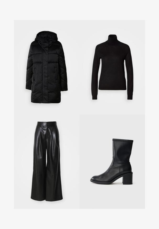 Abrigo negro acolchado con capucha, presenta un cierre frontal con cremallera, dos bolsillos laterales y un diseño acolchado. Textura suave y silueta de longitud media.; Suéter negro de cuello alto hecho de un tejido de punto ligero. Presenta mangas largas y una silueta ajustada con costuras raglán.; Pantalones de cuero sintético negros de pierna ancha con una cintura alta, frente plisado y textura suave. Presenta un diseño limpio y minimalista.; Botín negro de cuero hasta el tobillo con punta redonda, textura suave y tacón grueso, que presenta un eje ajustado y un sutil detalle de costura.