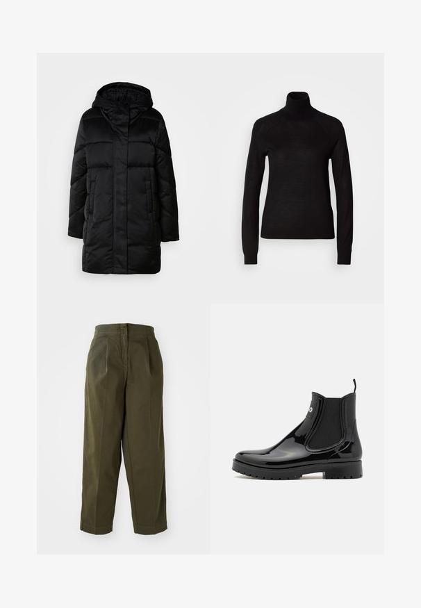 Schwarze, puffige Jacke mit Kapuze, mit einem Reißverschluss vorne, zwei seitlichen Taschen und einem gesteppten Design. Glatte Textur und mittellange Silhouette.; Schwarzer Rollkragenpullover aus leichtem Strickmaterial. Mit langen Ärmeln und einer figurbetonten Silhouette mit Raglanärmeln.; Olivgrüne, weit geschnittene Hosen mit hoher Taille, die vordere Falten und umgeschlagene Säume aufweisen. Hergestellt aus leichtem Stoff mit glatter Textur.; HUGO TABITA - Gummistiefel - black