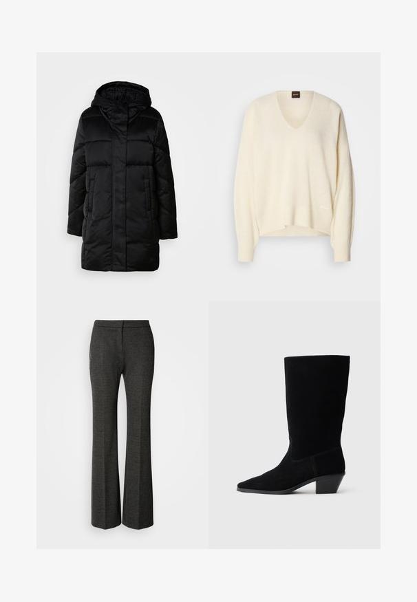 Schwarze, puffige Jacke mit Kapuze, mit einem Reißverschluss vorne, zwei seitlichen Taschen und einem gesteppten Design. Glatte Textur und mittellange Silhouette.; Cremfarbener V-Ausschnitt-Pullover aus weichem Stoff, mit breiten Ärmeln, lockerer Passform und dezenten Strickdetails an Saum und Schultern.; Graue ausgestellte Hosen aus strukturiertem Stoff. Sie verfügen über eine flache Vorderseite, eine taillierte Silhouette und ein dezentes Fischgrätmuster über das gesamte Kleidungsstück.; Schwarze Wildleder Stiefelette mit spitzer Zehe, mittelhohem Schaft und einem chunky Absatz. Verfügt über minimale Nähte und eine glatte Textur.