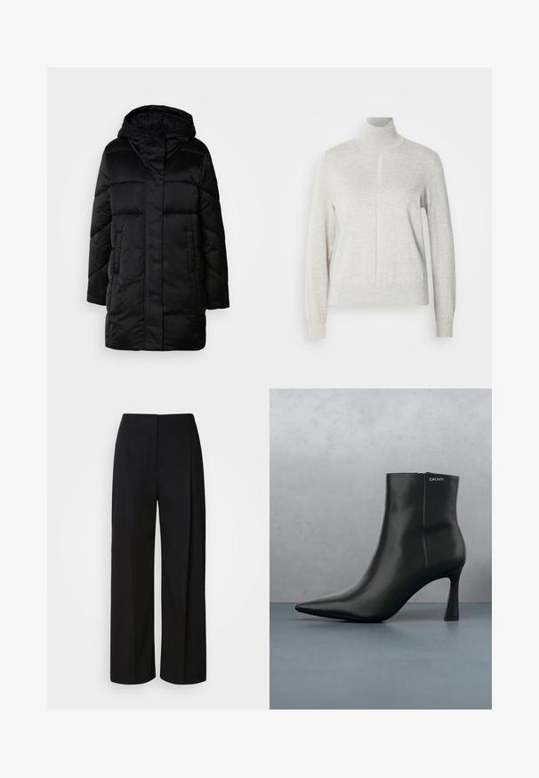 Abrigo negro acolchado con capucha, presenta un cierre frontal con cremallera, dos bolsillos laterales y un diseño acolchado. Textura suave y silueta de longitud media.; Suéter gris claro con un cuello alto y cremallera de un cuarto. Fabricado con un material suave y texturizado, cuenta con mangas largas y un dobladillo ajustado.; Pantalones negros de tiro alto y pierna ancha con cierre frontal oculto, costuras entalladas y una tela suave y estructurada.; Botín de cuero negro con punta afilada y un tacón geométrico. Presenta un sutil branding y una textura suave. El fondo tiene baldosas con textura.