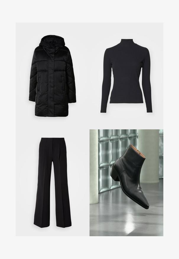 Abrigo negro acolchado con capucha, presenta un cierre frontal con cremallera, dos bolsillos laterales y un diseño acolchado. Textura suave y silueta de longitud media.; Top negro de cuello alto con costillas y mangas largas. Fabricado con una tela elástica con forma ajustada y cuello alto. Diseño simple sin adornos.; Pantalones negros de tejido suave, con cintura alta, silueta de pierna ancha y dos pliegues frontales para añadir detalle de diseño.; Botín de piel negra con puntera puntiaguda y tacón cuadrado que levita sobre un suelo gris reflectante cerca de una pared de bloques de cristal.