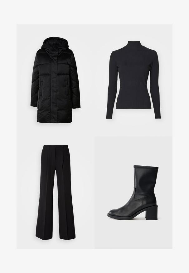 Schwarze, puffige Jacke mit Kapuze, mit einem Reißverschluss vorne, zwei seitlichen Taschen und einem gesteppten Design. Glatte Textur und mittellange Silhouette.; Schwarzes, geripptes Rollkragenoberteil mit langen Ärmeln. Aus dehnbarem Stoff mit figurbetonter Passform und hohem Kragen. Einfaches Design ohne Verzierungen.; Schwarze Hose aus glattem Stoff, mit hohem Bund, weitem Schnitt und zwei vorderen Falten für zusätzlichen Designakzent.; Schwarze Leder-Ankle Boots mit runder Zehenform, glatter Oberfläche und dicker Absatz, ausgestattet mit einem eng anliegenden Schaft und subtilen Nähten.