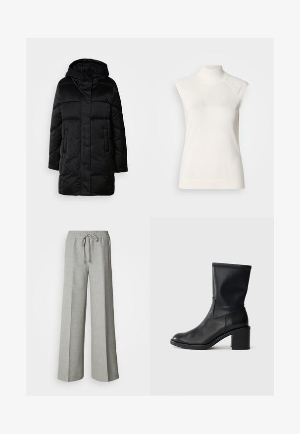 Schwarze, puffige Jacke mit Kapuze, mit einem Reißverschluss vorne, zwei seitlichen Taschen und einem gesteppten Design. Glatte Textur und mittellange Silhouette.; Ärmelloses weißes Turtleneck-Oberteil aus weichem Material; verfügt über einen figurbetonten Schnitt mit hohem Kragen und subtiler gerippter Struktur am Saum.; Hellgraue Hosen mit weitem Bein, elastischem Bund und Kordelzug, Fronttaschen und einem dezenten strukturierten Stoff.; Schwarze Leder-Ankle Boots mit runder Zehenform, glatter Oberfläche und dicker Absatz, ausgestattet mit einem eng anliegenden Schaft und subtilen Nähten.