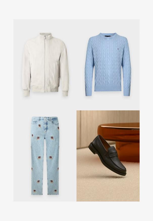 Veste bomber en cuir gris clair avec col montant, fermeture éclair et poignets côtelés. Comprend deux poches latérales zippées. Texture lisse.; Pull à manches longues en maille torsadée bleu clair avec poignets et ourlet côtelés, avec un petit logo Tommy Hilfiger sur la poitrine.; Jean en denim bleu clair avec jambes droites et petits motifs brodés de roses rouges et de blasons dorés répartis de manière uniforme.; Mocassin homme en cuir noir avec une bande sur le dessus, présenté sur un tapis beige près d'une table ronde moderne marron.