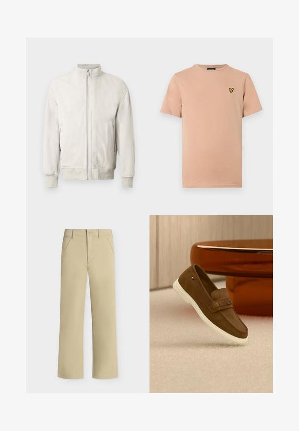 Veste bomber en cuir gris clair avec col montant, fermeture éclair et poignets côtelés. Comprend deux poches latérales zippées. Texture lisse.; T-shirt en coton pêche clair avec col rond, manches courtes, et petit logo brodé d'un papillon jaune sur le côté gauche de la poitrine.; Pantalon beige à jambes droites avec passants de ceinture, poches latérales, fermeture à bouton et design épuré et simple.; Mocassin en daim marron avec semelle blanche et détail métallique, flottant au-dessus d'un tapis clair à côté d'un meuble rond marron brillant.