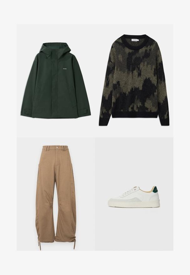 Grüne wasserdichte Jacke mit Kapuze, ausgestattet mit einem Frontreißverschluss, zwei Seitentaschen und einem kleinen Logo auf der Brust. Glatte Textur.; Strickpullover mit einem schwarz-olivgrünen Camouflage-Muster. Klassischer Rundhalsausschnitt, gerippter Ausschnitt und Bündchen, mittlere Textur.; Cargo-Hosen aus hellbraunem Stoff mit zwei Seitentaschen, lockerer Passform, Kordelzügen an den Säumen und Knopfverschluss in der Taille.; Weiße Sneaker mit Wildlederelementen, runder Zehenpartie, flachen Schnürsenkeln und einer cremefarbenen Gummisohle. Mit grünen Markenlogo am Fersenbereich.